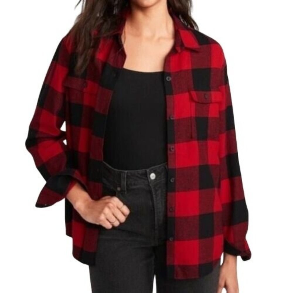 NWT Old Navy Long-Sleeve Plaid Flannel Boyfriend Tunic Shirt for Women Size Smal
